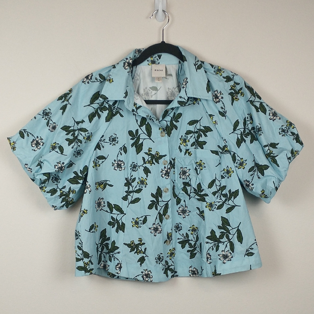 Maeve Light Blue Floral Puff Sleeve Button Front Blouse - Picture 2 of 10